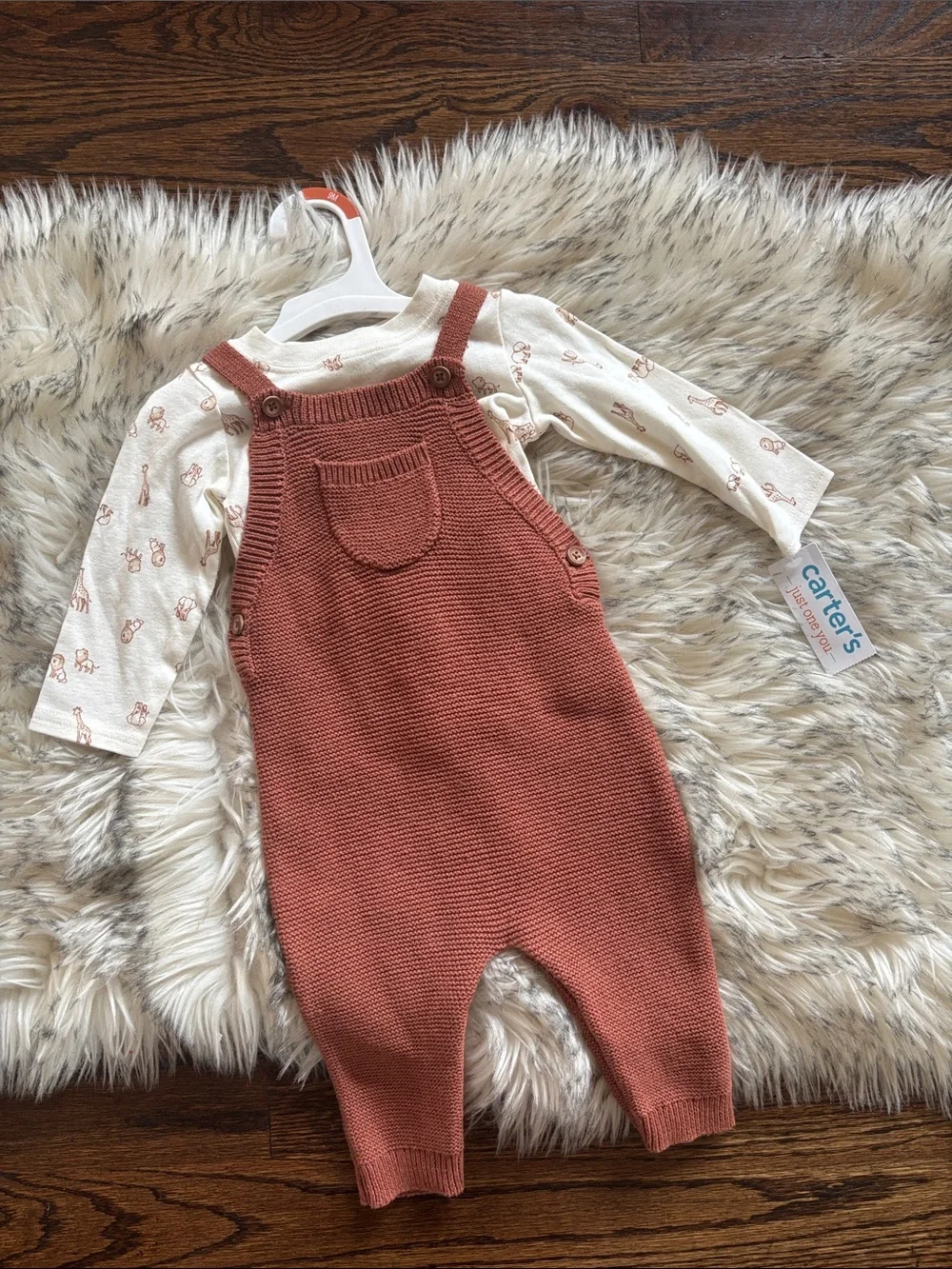 9M NWT Carter's Baby Boy Rust Knit Overalls with Cream Printed Bodysuit